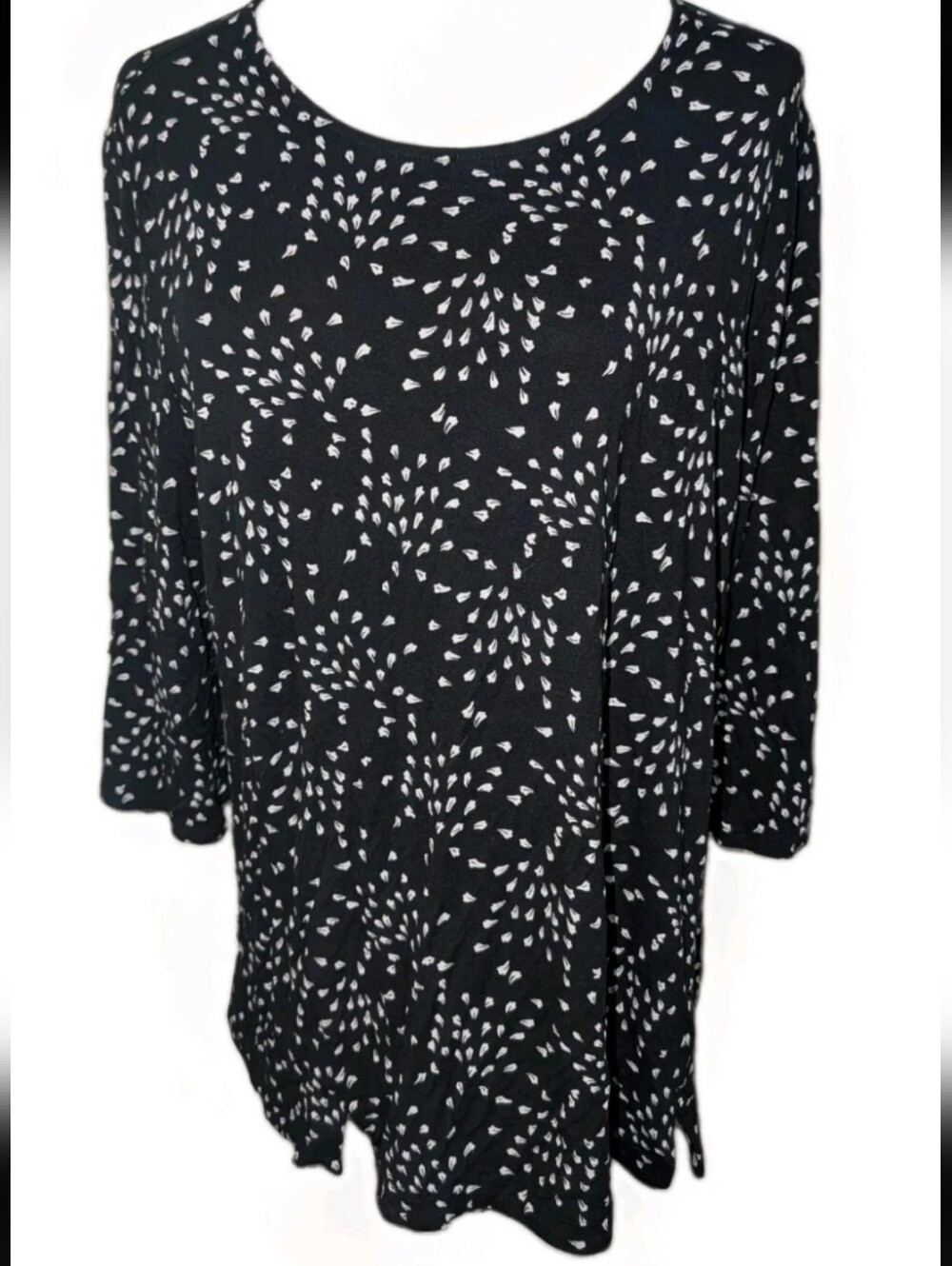 J Jill Women's Black/White Patterned Elbow Sleeve Tee Shirt - L